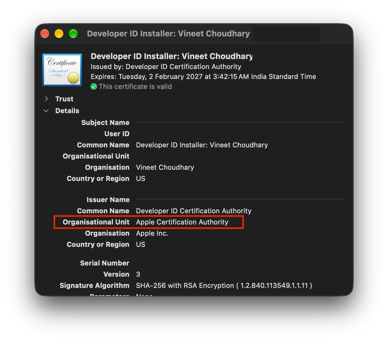 Keychain Access showing a Developer ID certificate issued by the old Apple Certification Authority