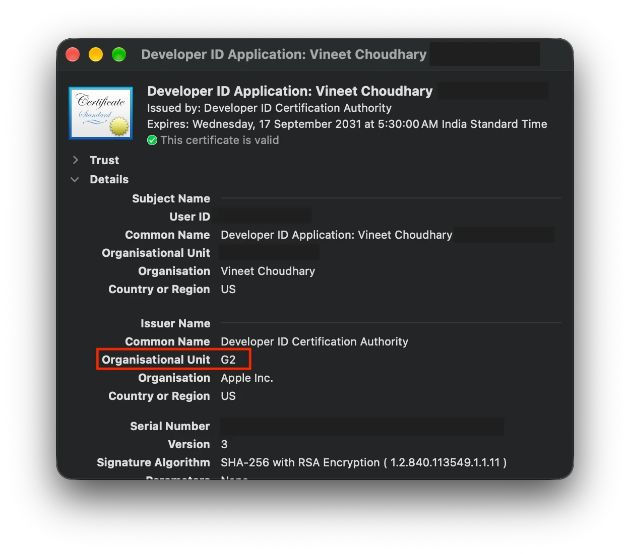 Keychain Access listing the new Developer ID G2 certificate next to the old certificate expiring in 2027