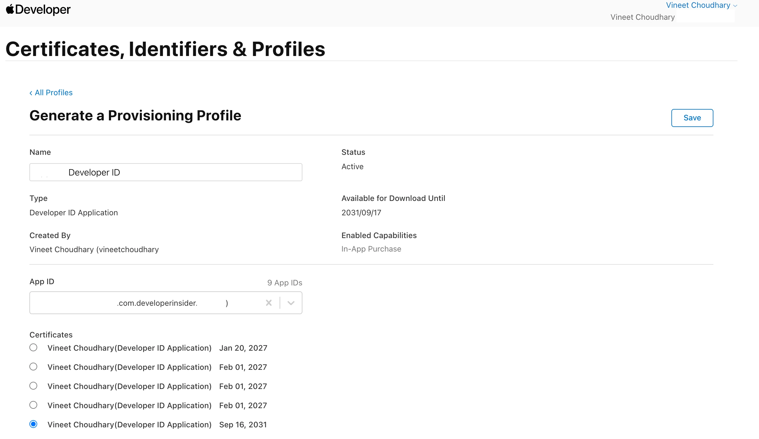 Apple developer portal editing a Developer ID provisioning profile to use the new G2 certificate