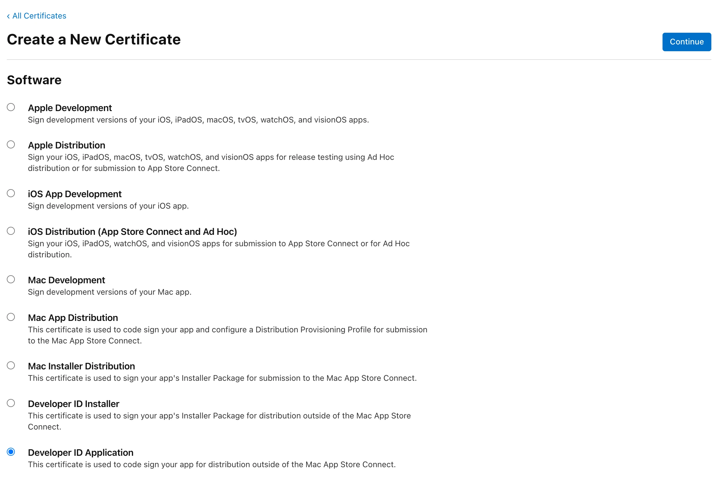 Apple developer portal with Developer ID Application selected as the new certificate type