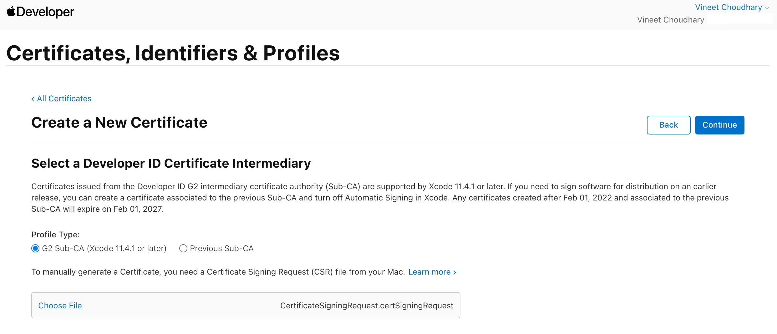 Apple developer portal with G2 Sub-CA selected as the Developer ID certificate intermediary