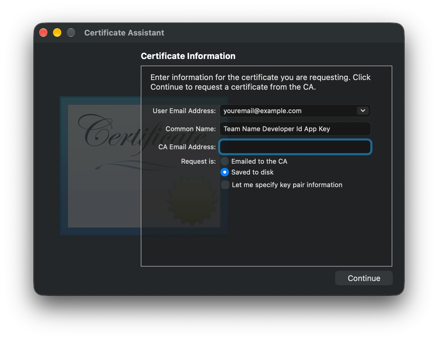 Keychain Access Certificate Assistant creating a certificate signing request saved to disk