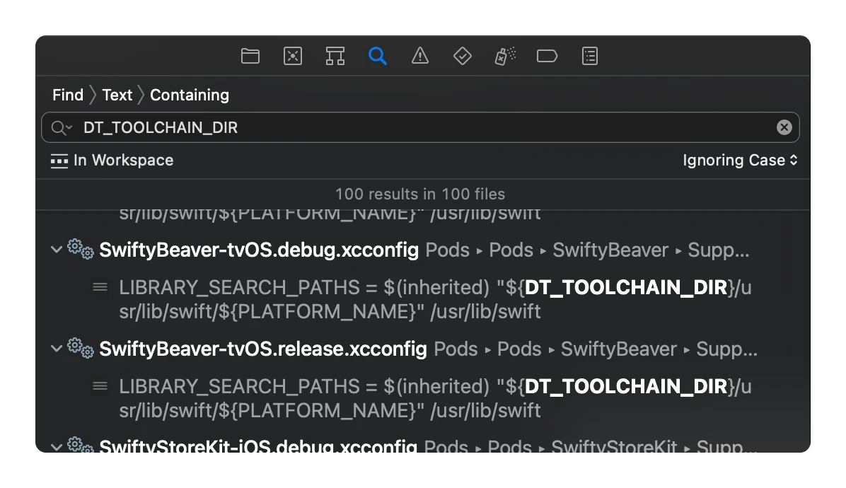 Fix Xcode 15 DT_TOOLCHAIN_DIR cannot be used to evaluate LIBRARY_SEARCH_PATHS, use TOOLCHAIN_DIR instead